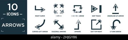 filled arrows icon set. contain flat right curve, expand, counter arrow, skip track, underline up arrow, curved left arrow, diagonal arrows, upward, e Stock Vector