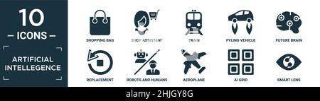 filled artificial intellegence icon set. contain flat shopping bag, shop assistant, train, fyling vehicle, future brain, replacement, robots and human Stock Vector