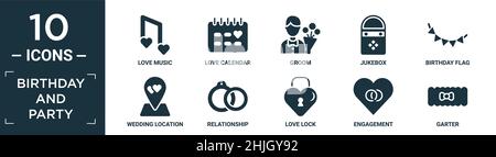 filled birthday and party icon set. contain flat love music, love calendar, groom, jukebox, birthday flag, wedding location, relationship, love lock, Stock Vector