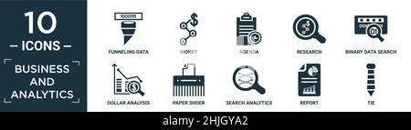 filled business and analytics icon set. contain flat funneling data, money, agenda, research, binary data search, dollar analysis bars, paper shder, s Stock Vector