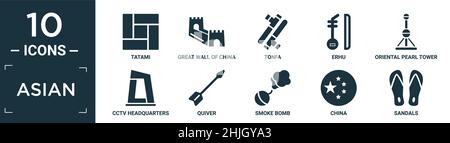filled asian icon set. contain flat tatami, great wall of china, tonfa, erhu, oriental pearl tower, cctv headquarters, quiver, smoke bomb, china, sand Stock Vector