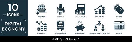 filled digital economy icon set. contain flat internet, printer, calculator, bar chart, wallet, analytics, atm machine, piggy bank, hierarchical struc Stock Vector