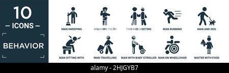 filled behavior icon set. contain flat man sweeping, brushing teeth, two men meeting, man running, man and dog, sitting with headache, travelling, wit Stock Vector