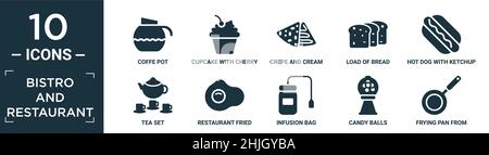 filled bistro and restaurant icon set. contain flat coffe pot, cupcake with cherry, crepe and cream, load of bread, hot dog with ketchup, tea set, res Stock Vector