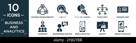 filled business and analytics icon set. contain flat database interconnected, analysis, data analysis pie chart, flow chart, business card, leadership Stock Vector