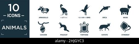 filled animals icon set. contain flat armadillo, vulture, humming bird, orca, musk, cocoon, polecat, tortoise, coyote, stingray icons in editable form Stock Vector