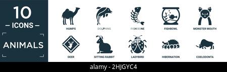 filled animals icon set. contain flat humps, dolphins, fish bone, fishbowl, monster mouth, deer, sitting rabbit, ladybird, hibernation, coelodonta ico Stock Vector
