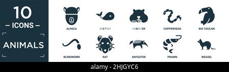 filled animals icon set. contain flat alpaca, big fish, hamster, copperhead, big toucan, blindworm, rat, anteater, prawn, weasel icons in editable for Stock Vector