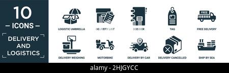 filled delivery and logistics icon set. contain flat logistic umbrella, delivery list, dossier, tag, free delivery, delivery weighing, motorbike, by c Stock Vector