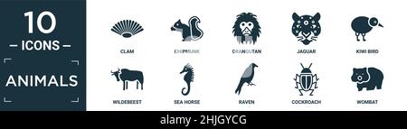 filled animals icon set. contain flat clam, chipmunk, orangutan, jaguar, kiwi bird, wildebeest, sea horse, raven, cockroach, wombat icons in editable Stock Vector