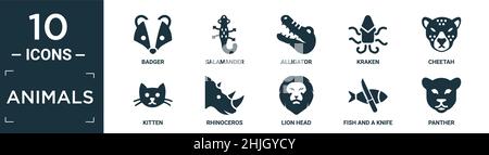 filled animals icon set. contain flat badger, salamander, alligator, kraken, cheetah, kitten, rhinoceros, lion head, fish and a knife, panther icons i Stock Vector