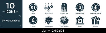 filled cryptocurrency icon set. contain flat real, money flow, dollar tag, casino chips, pound sterling, pound, best seller, peer to peer, bank, stock Stock Vector