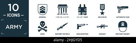 filled army icon set. contain flat general, federal agency, bulletproof, militar in, automatic gun, dead, bayonet on rifle, gun shooting, assault, mil Stock Vector