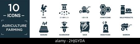 filled agriculture farming icon set. contain flat vane, sprinkler, mower, honeycomb, milk products, manure, scarecrow, sack, insecticide, barrow icons Stock Vector
