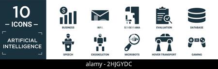 filled artificial intelligence icon set. contain flat business, mail, sensorama, evaluation, database, speech, exoskeleton, microbots, hover transport Stock Vector