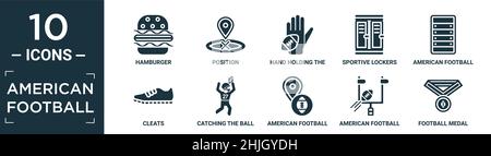 filled american football icon set. contain flat hamburger, position, hand holding the ball, sportive lockers, american football field, cleats, catchin Stock Vector