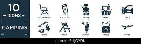 filled camping icon set. contain flat folding chair, sun lotion, canteen, basket, torch, fishing, chair, lighter, tissue, canoe icons in editable form Stock Vector