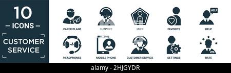 filled customer service icon set. contain flat paper plane, support, user, favorite, help, headphones, mobile phone, customer service, settings, rate Stock Vector