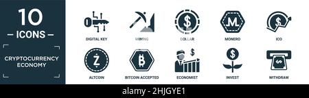 filled cryptocurrency economy icon set. contain flat digital key, mining, dollar, monero, ico, altcoin, bitcoin accepted, economist, invest, withdraw Stock Vector