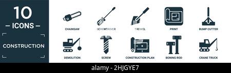 filled construction icon set. contain flat chainsaw, screwdriver, trowel, print, bump cutter, demolition, screw, construction plan, boning rod, crane Stock Vector