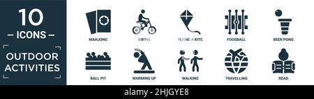 filled outdoor activities icon set. contain flat mahjong, biking, flying a kite, foosball, beer pong, ball pit, warming up, walking, travelling, read Stock Vector