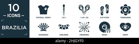 filled brazilia icon set. contain flat football jersey, cane, maracas, flip flops, tambourine, headdress, garlands, fireworks, music, heart icons in e Stock Vector