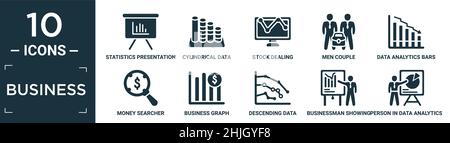 filled business icon set. contain flat statistics presentation, cylindrical data graphic, stock dealing, men couple, data analytics bars chart with de Stock Vector