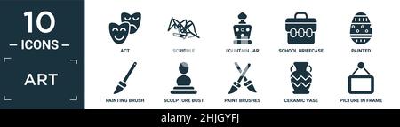 filled art icon set. contain flat act, scribble, fountain jar, school briefcase, painted, painting brush, sculpture bust, paint brushes, ceramic vase, Stock Vector