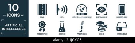 filled artificial intellegence icon set. contain flat road, infra, artificial atmosphere, eye tracking, smartphone, recognition, science, prosthesis, Stock Vector