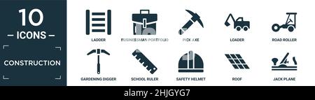 filled construction icon set. contain flat ladder, businessman portfolio, pick axe, loader, road roller, gardening digger, school ruler, safety helmet Stock Vector