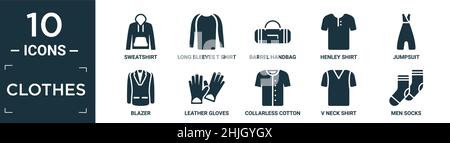 filled clothes icon set. contain flat sweatshirt, long sleeves t shirt, barrel handbag, henley shirt, jumpsuit, blazer, leather gloves, collarless cot Stock Vector