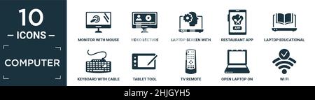 filled computer icon set. contain flat monitor with mouse cursor, video lecture, laptop screen with human head graphic, restaurant app, laptop educati Stock Vector