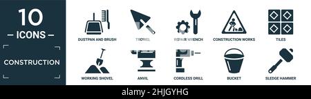filled construction icon set. contain flat dustpan and brush, trowel, repair wrench, construction works, tiles, working shovel, anvil, cordless drill, Stock Vector