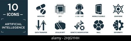 filled artificial intellegence icon set. contain flat medicine, chip, assistant, mobile flexible display, graphene, data transfer, oculus rift, geneti Stock Vector