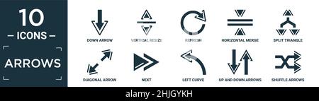 filled arrows icon set. contain flat down arrow, vertical resize, refresh, horizontal merge, split triangle, diagonal arrow, next, left curve, up and Stock Vector
