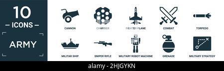 filled army icon set. contain flat cannon, chamber, fighter plane, combat, torpedo, militar ship, sniper rifle, military robot machine, grenade, milit Stock Vector