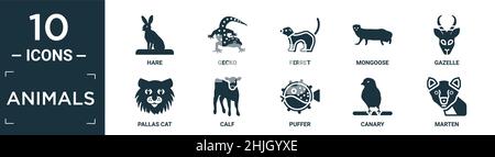 filled animals icon set. contain flat hare, gecko, ferret, mongoose, gazelle, pallas cat, calf, puffer, canary, marten icons in editable format. Stock Vector