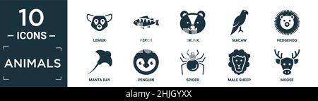 filled animals icon set. contain flat lemur, perch, skunk, macaw, hedgehog, manta ray, penguin, spider, male sheep, moose icons in editable format. Stock Vector