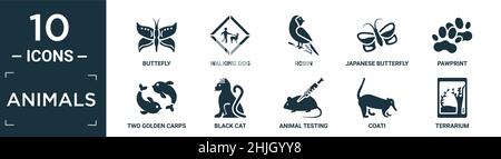 filled animals icon set. contain flat buttefly, walking dog, robin, japanese butterfly, pawprint, two golden carps, black cat, animal testing, coati, Stock Vector