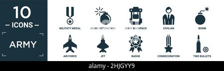 filled army icon set. contain flat militaty medal, bomb detonation, army backpack, civilian, bomb, air force, jet, badge, condecoration, two bullets i Stock Vector