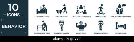 filled behavior icon set. contain flat laptop chatting on bed, man shopping, three men conference, man skating, man reading newspaper, old with cane, Stock Vector