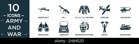 filled army and war icon set. contain flat sniper rifle, rifle, camouflage military clothing, airplane, helicopter, binoculars, computer, whizbang wit Stock Vector