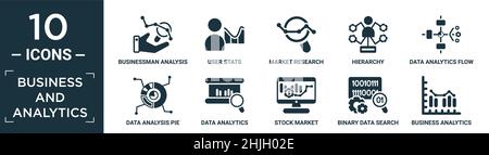 filled business and analytics icon set. contain flat businessman analysis, user stats, market research, hierarchy, data analytics flow, data analysis Stock Vector