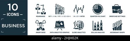filled business icon set. contain flat rearrange, data analytics descending line graphic, value pointer, quarter pie chart, briefcase settings, angry Stock Vector