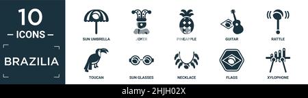 filled brazilia icon set. contain flat sun umbrella, joker, pineapple, guitar, rattle, toucan, sun glasses, necklace, flags, xylophone icons in editab Stock Vector