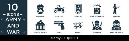 filled army and war icon set. contain flat backpack, army car, chevrons, bomb detonation, infantry, federal agency, pistol, assault, guerrilla, army b Stock Vector
