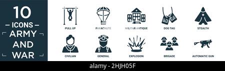 filled army and war icon set. contain flat pull up, parachute, militar antique building, dog tag, stealth, civilian, general, explosion, brigade, auto Stock Vector