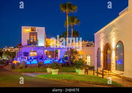 View of cafe at dusk in Marina Rubicon, Playa Blanca, Lanzarote, Canary Islands, Spain, Atlantic, Europe Stock Photo