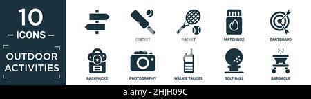filled outdoor activities icon set. contain flat , cricket, racket, matchbox, dartboard, backpacks, photography, walkie talkies, golf ball, barbacue i Stock Vector