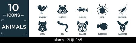 filled animals icon set. contain flat sparrow, raccoon, zander, mite, silverfish, lama, eel, bulldog, globe fish, kangaroo icons in editable format. Stock Vector